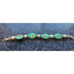 Vtg 1970's Children's Hand Painted Glass Beaded Floral Oval Beads Bracelet